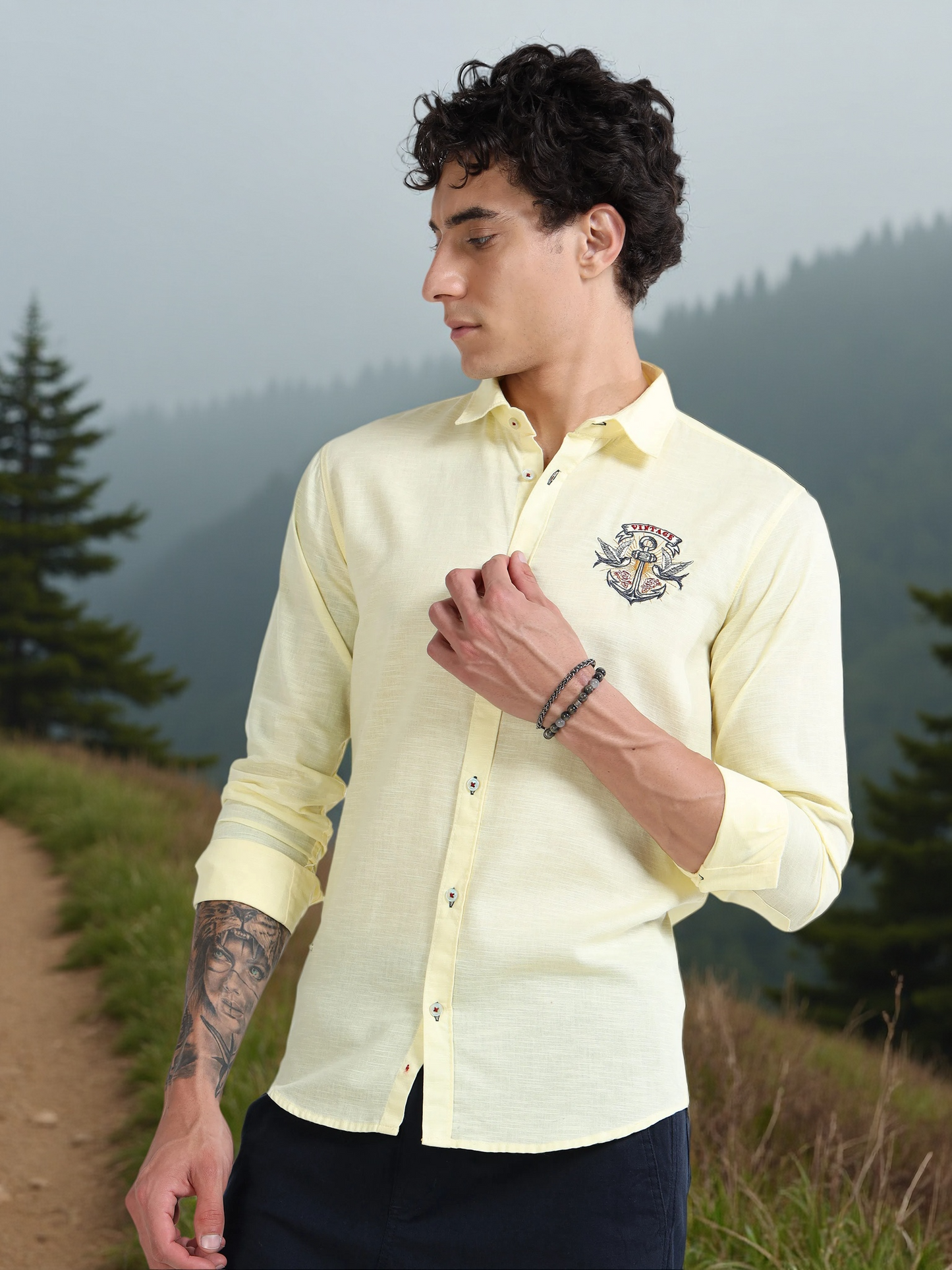 Men’s Light Yellow Cotton Casual Shirt with Nautical Anchor Embroidery