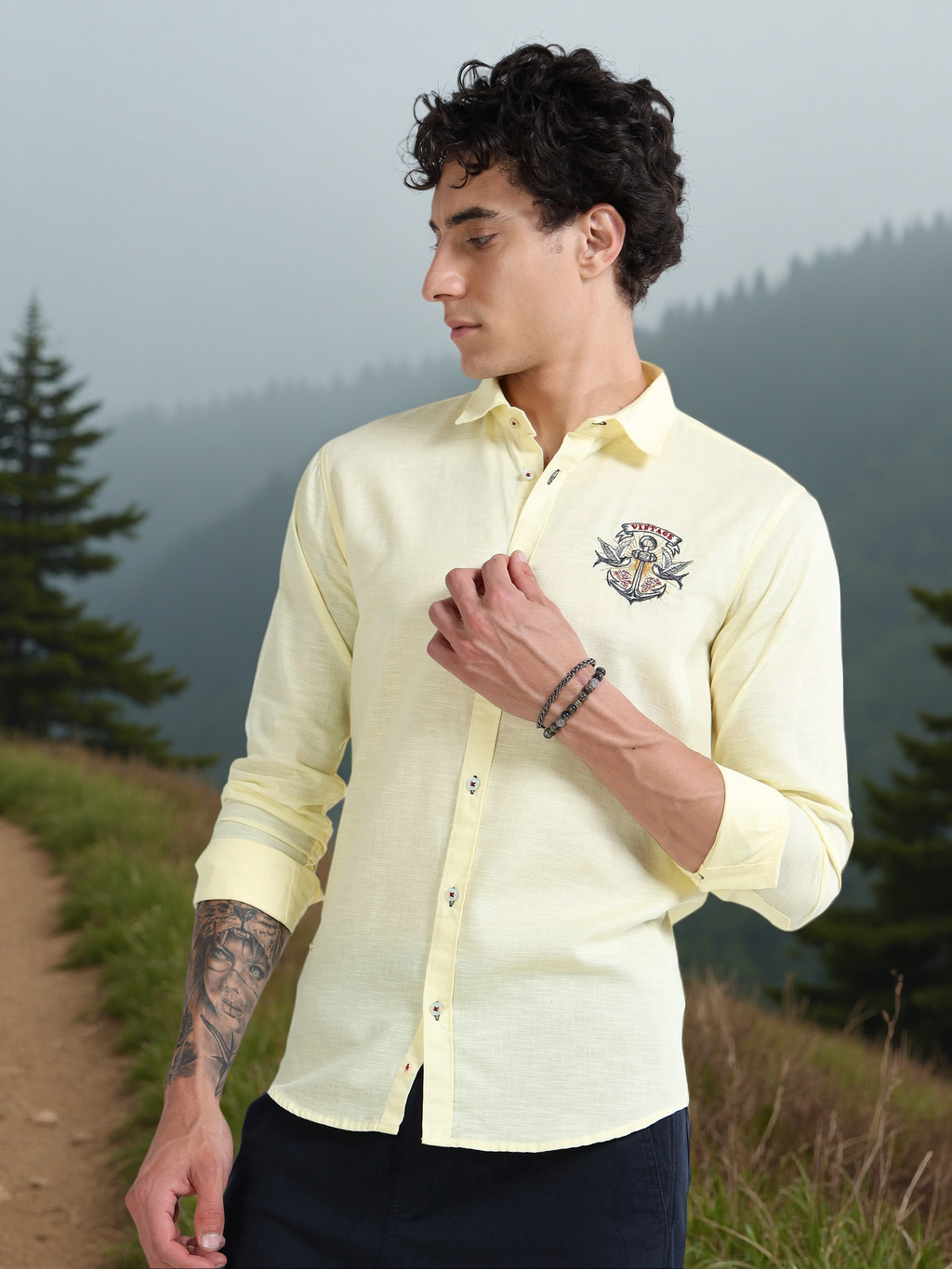 Men’s Light Yellow Cotton Casual Shirt with Nautical Anchor Embroidery