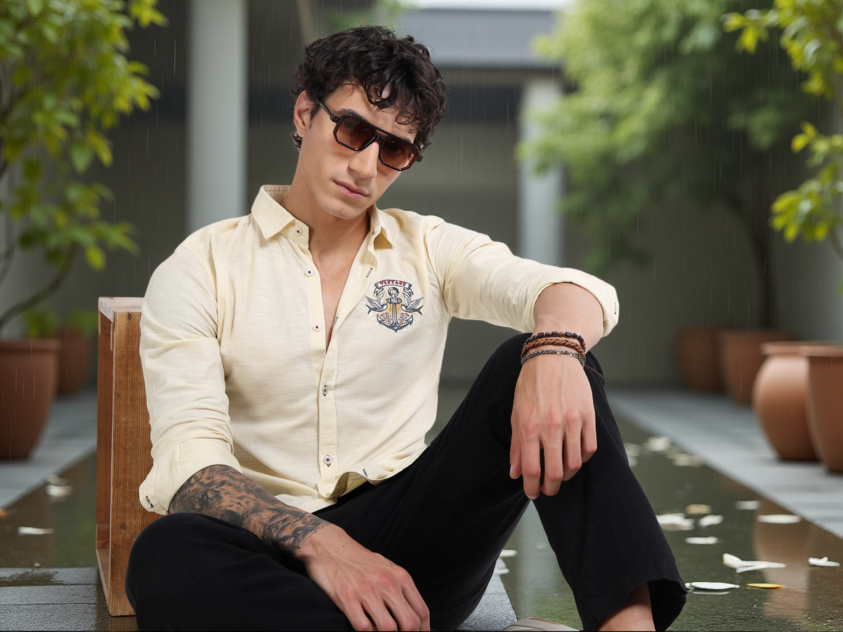 Men’s Beige-Yellow Cotton Casual Shirt with Anchor Embroidery Detailing