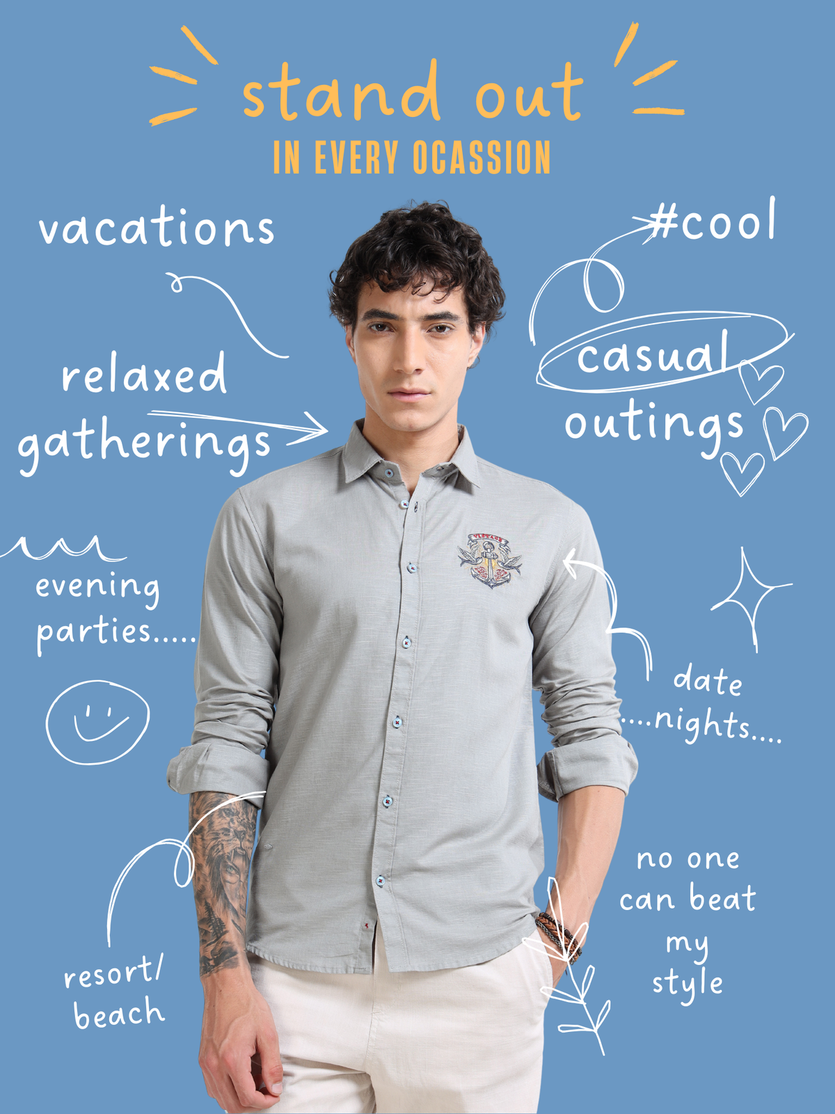 Men’s Grey Cotton Casual Shirt with Anchor Embroidery