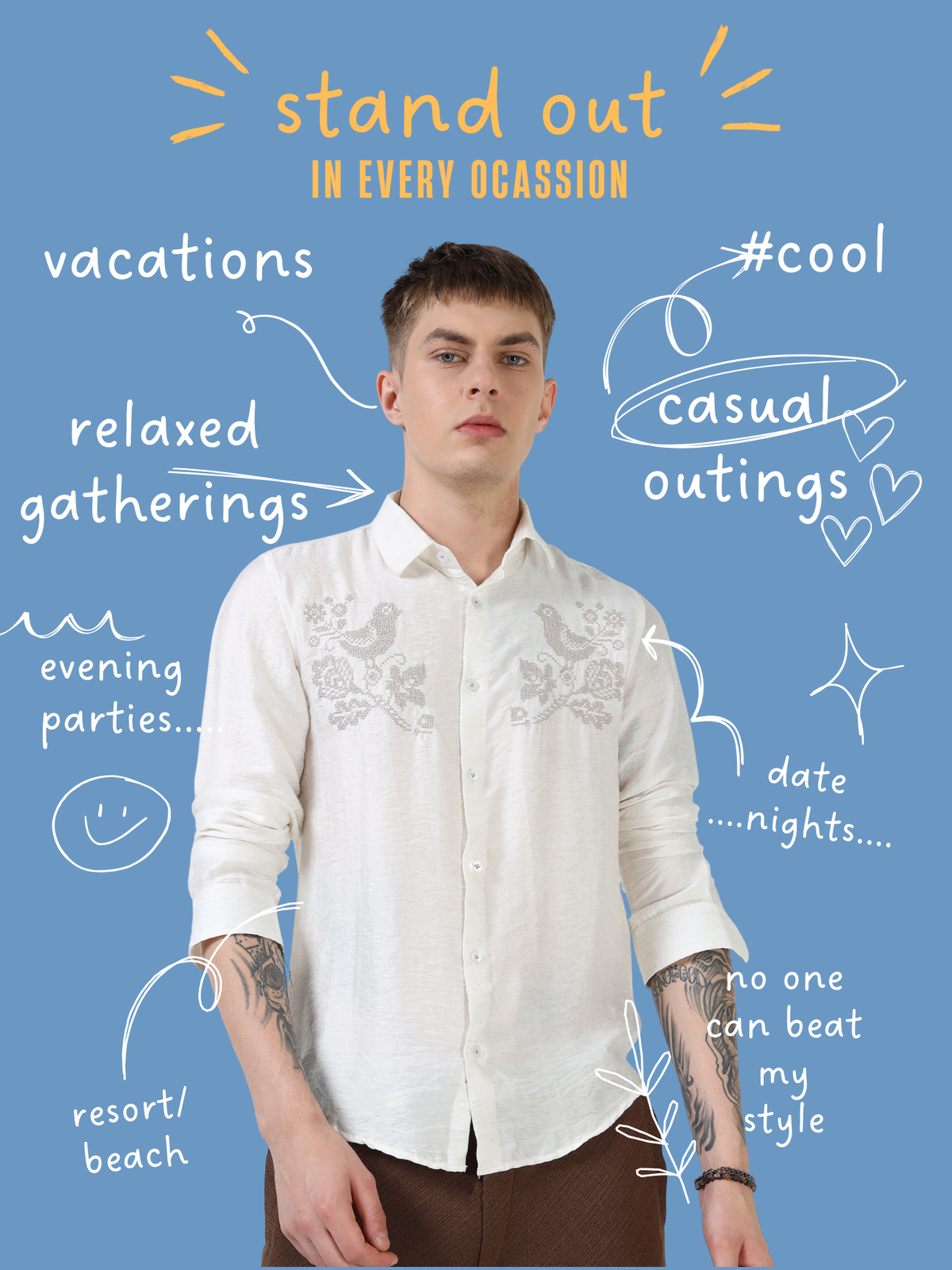 Men’s White Textured Cotton Casual Shirt with Bird Embroidery Detailing