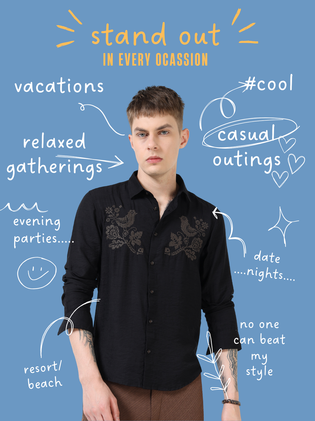 Men’s Black Textured Cotton Casual Shirt with Bird Embroidery Detailing