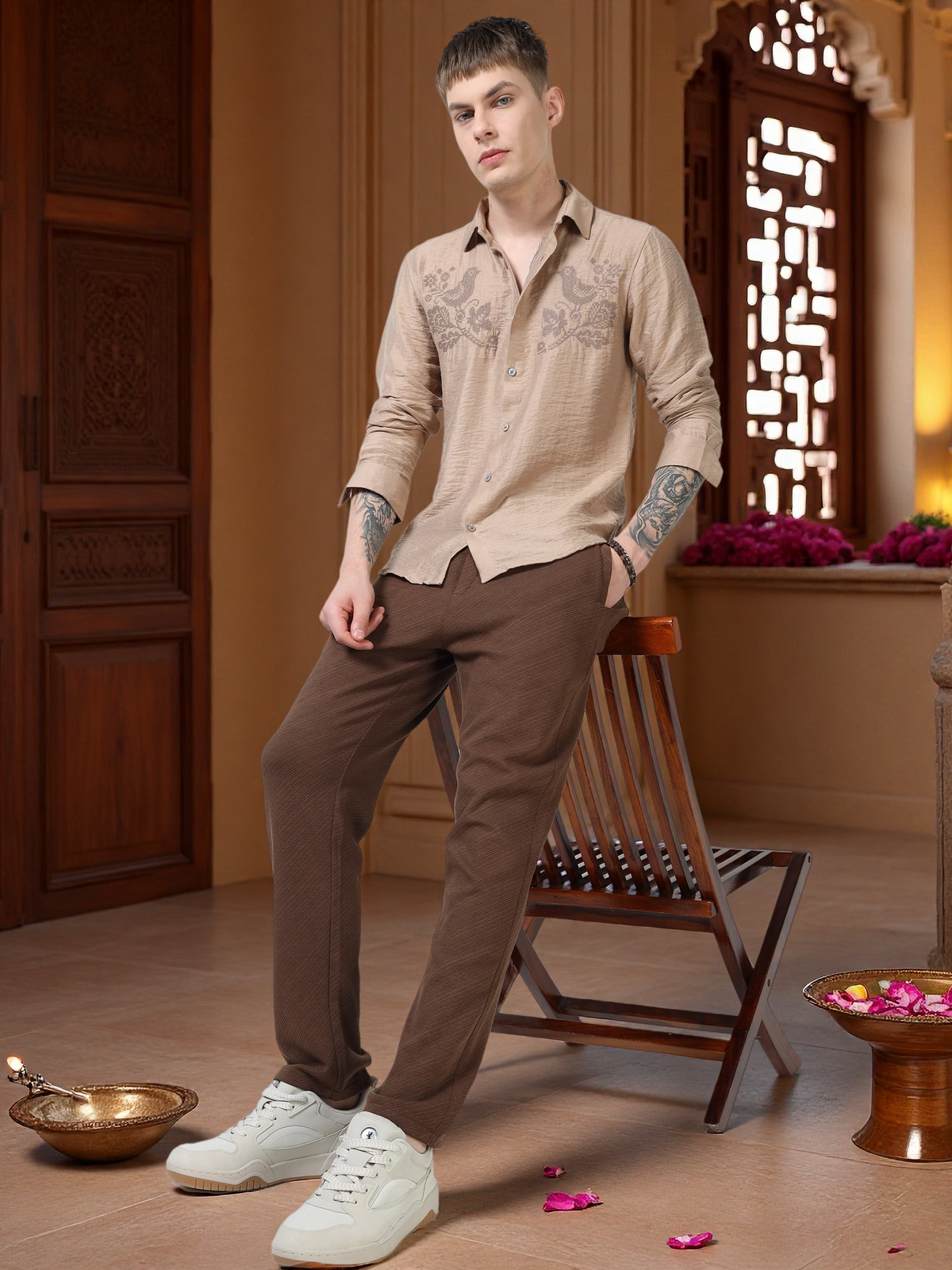 Men’s Beige Textured Cotton Casual Shirt with Bird Embroidery Detailing