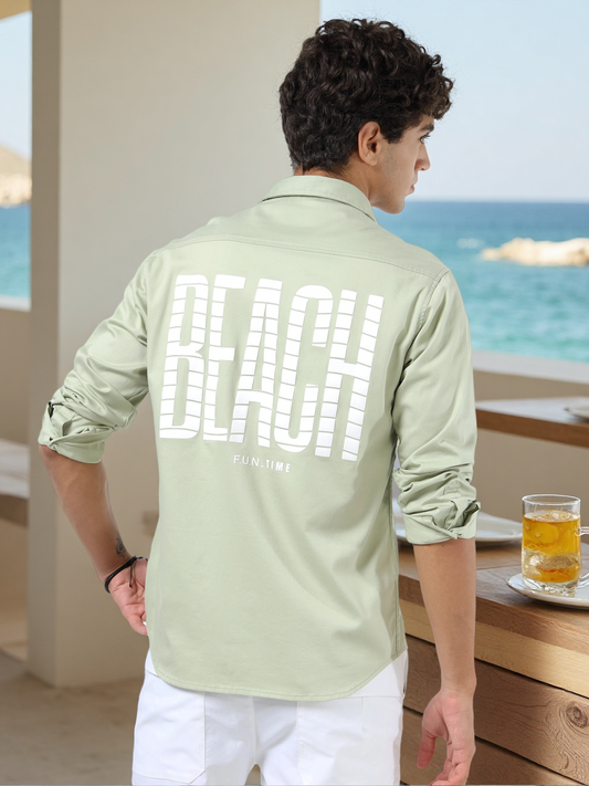Men’s Light Green Cotton Casual Shirt with Geometric Print Detailing