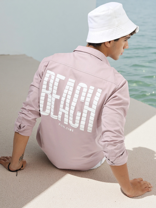 Men’s Light Pink Cotton Casual Shirt with Geometric Print Detailing