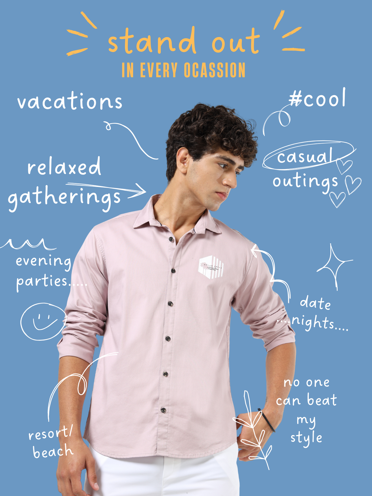 Men’s Light Pink Cotton Casual Shirt with Geometric Print Detailing