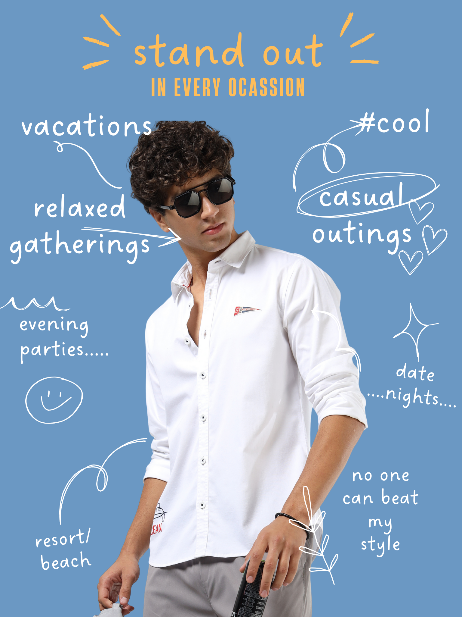 Men’s White Cotton Casual Shirt with Nautical Print Detailing