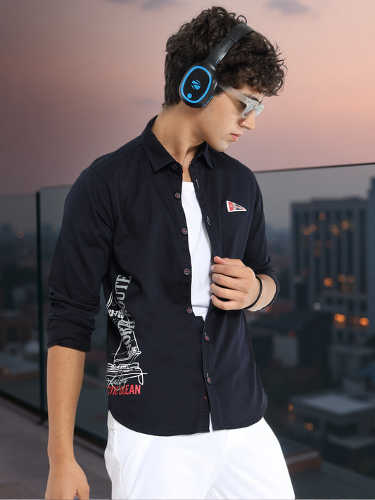 Men’s Black Cotton Casual Shirt with Nautical Print Detailing