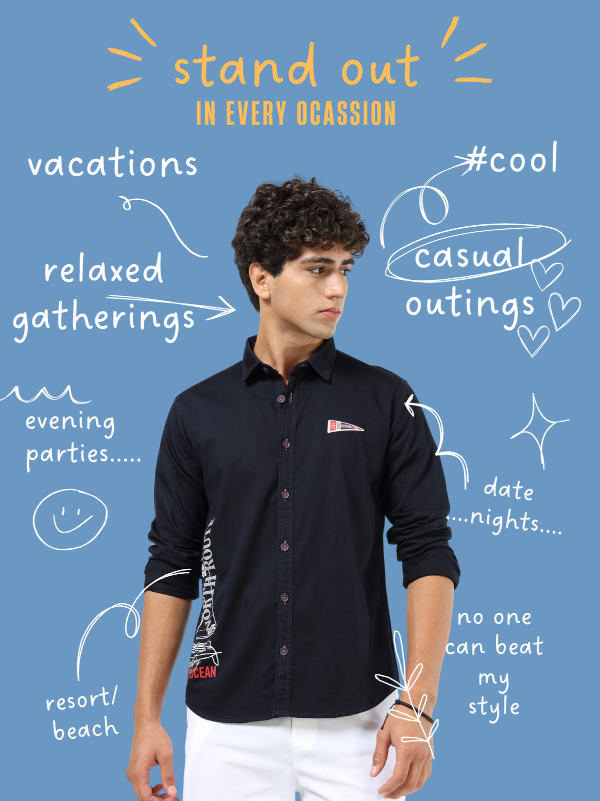 Men’s Black Cotton Casual Shirt with Nautical Print Detailing