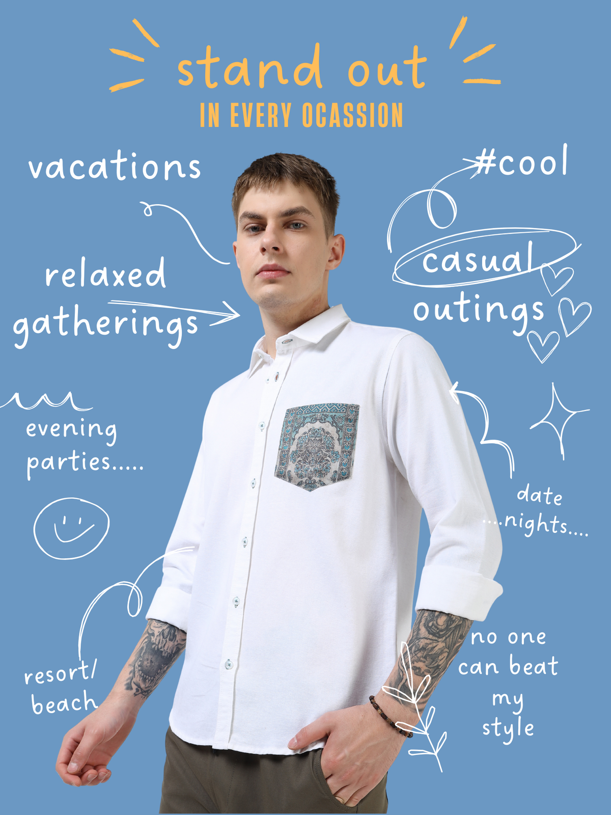 Men’s White Cotton Casual Shirt with Contrast Printed Pocket