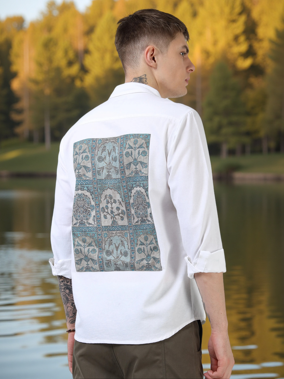 Men’s White Cotton Casual Shirt with Contrast Printed Pocket