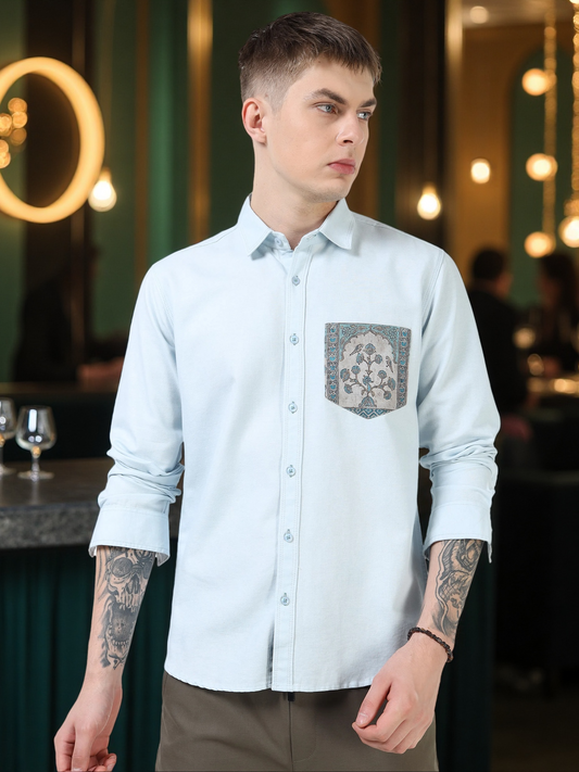 Men’s Light Blue Cotton Casual Shirt with Contrast Printed Pocket