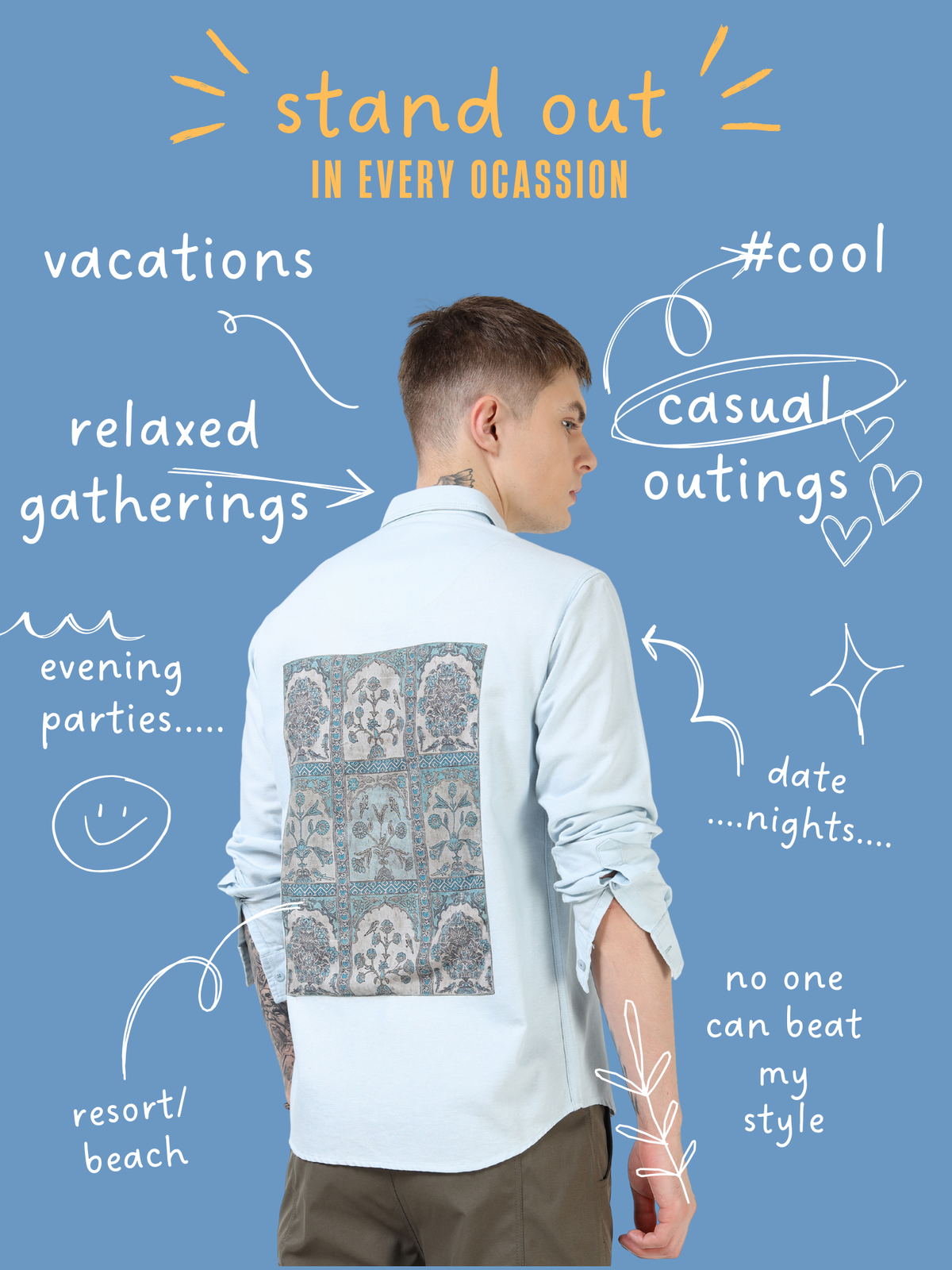 Men’s Light Blue Cotton Casual Shirt with Contrast Printed Pocket