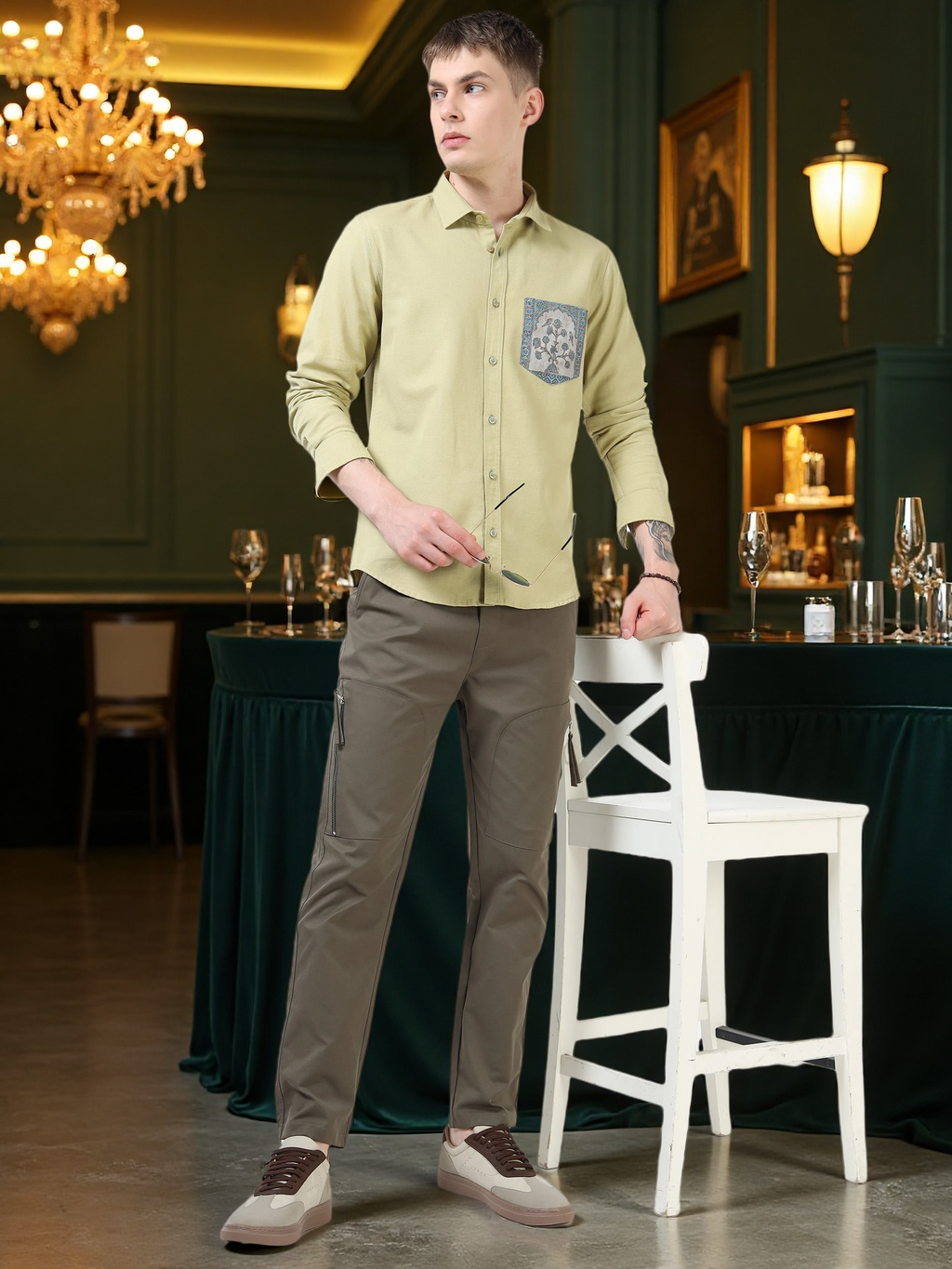 Men’s Light Olive Cotton Casual Shirt with Blue Contrast Prinetd Pocket