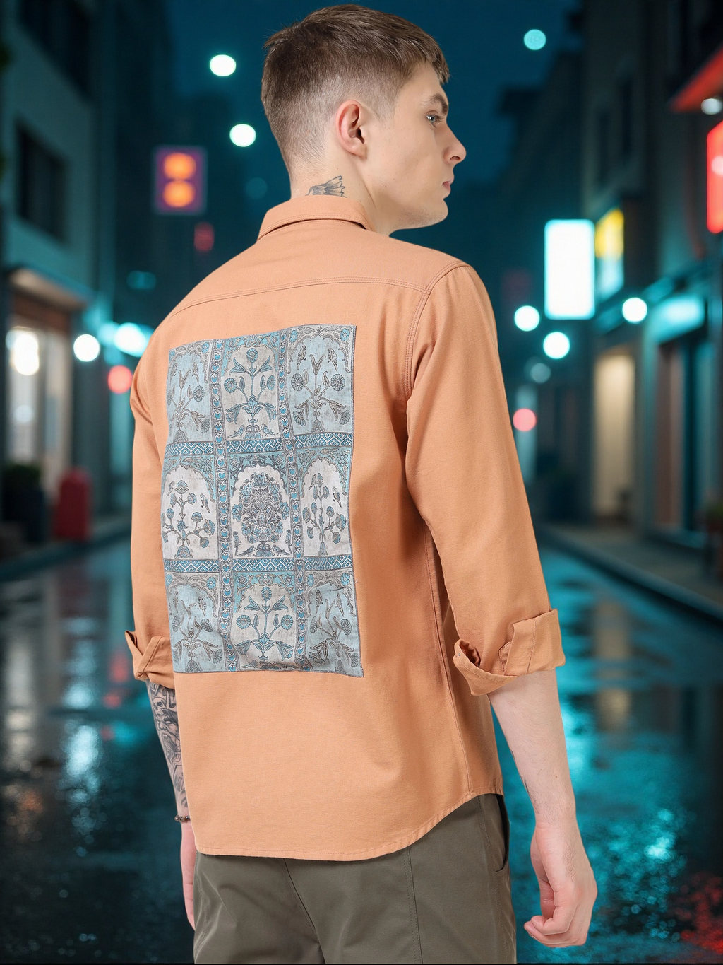 Men’s Rust Orange Cotton Casual Shirt with Contrast Printed Pocket