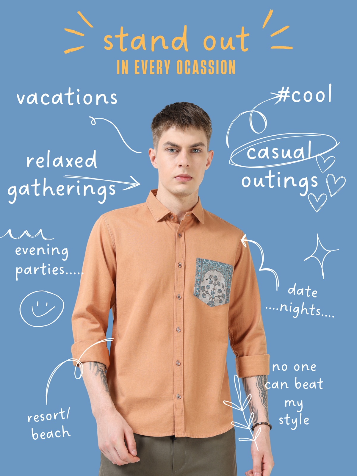 Men’s Rust Orange Cotton Casual Shirt with Contrast Printed Pocket