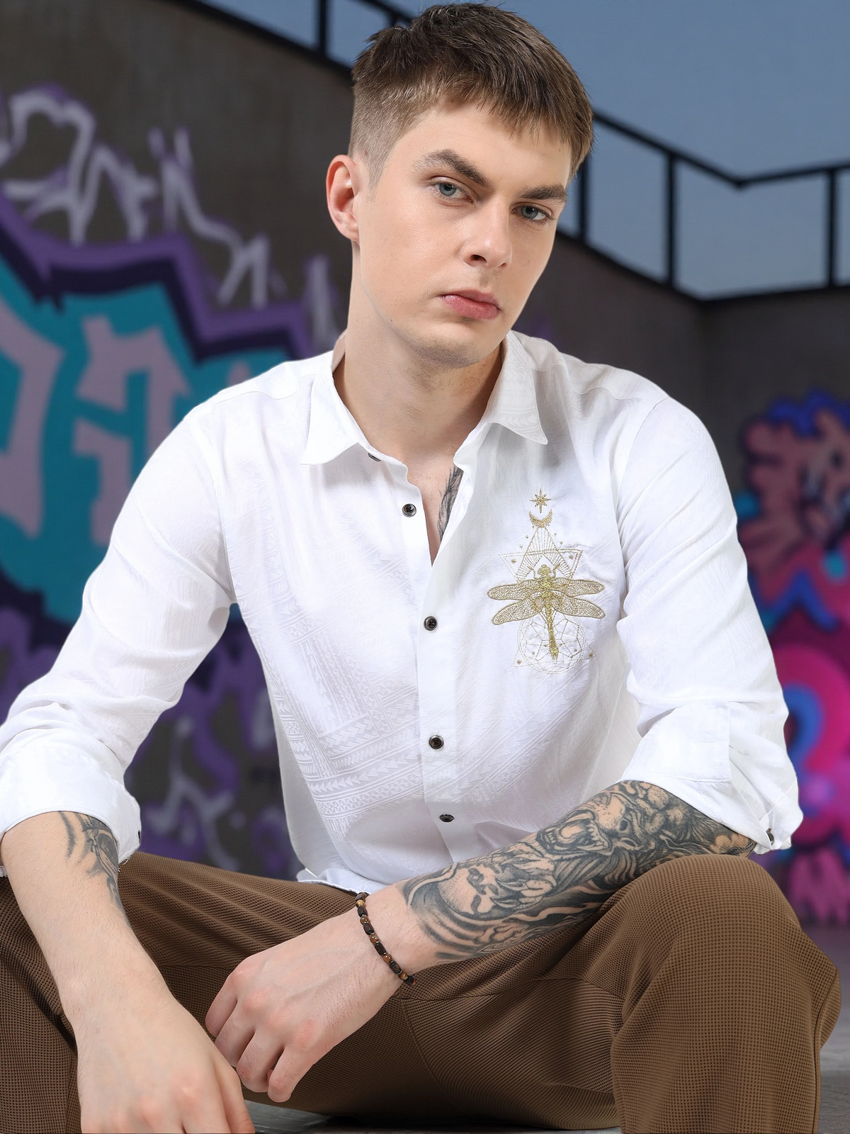 Men’s White Textured Cotton Casual Shirt with Golden Dragonfly Embroidery