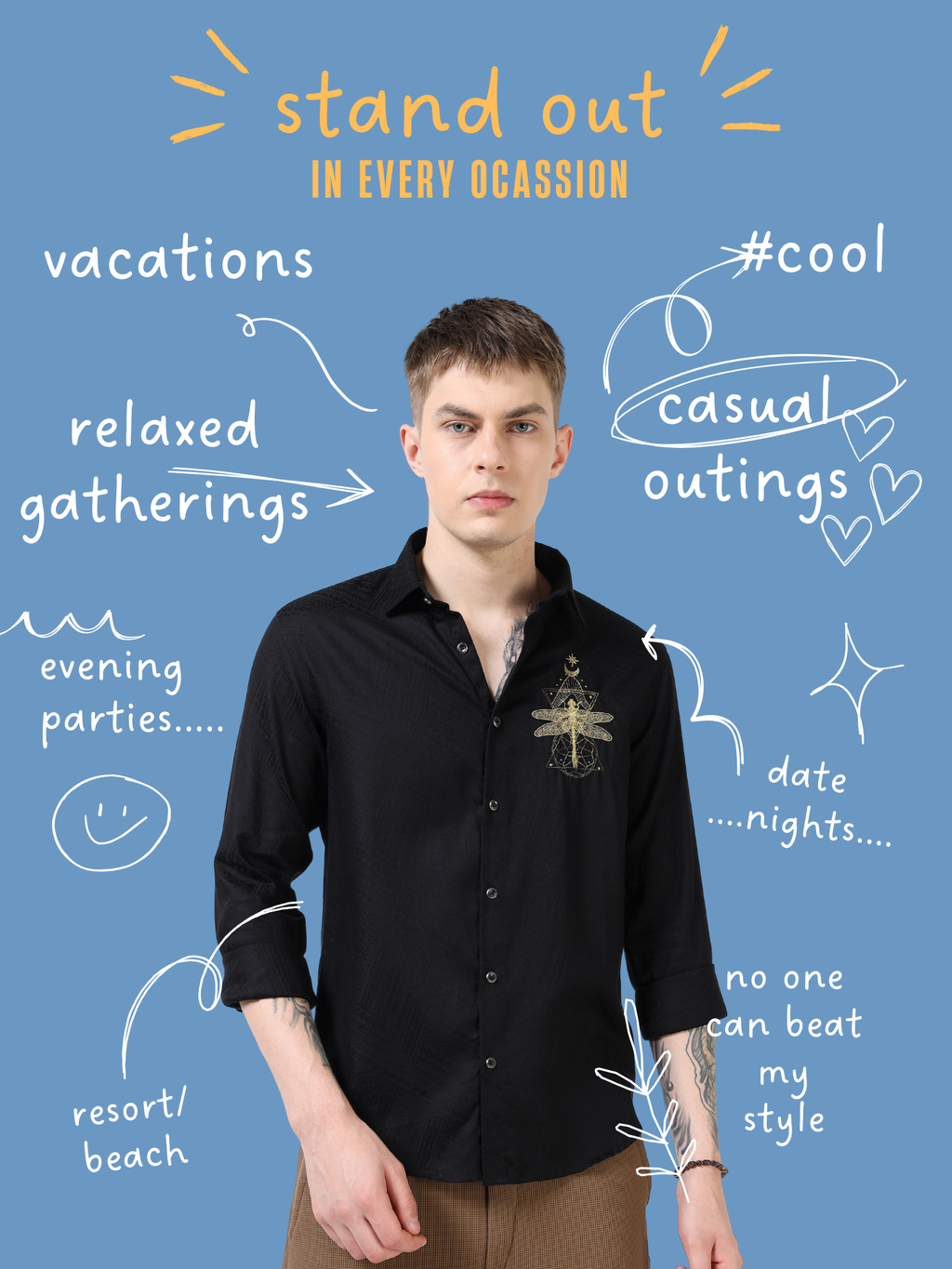 Men’s Black Textured Cotton Casual Shirt with Golden Dragonfly Embroidery
