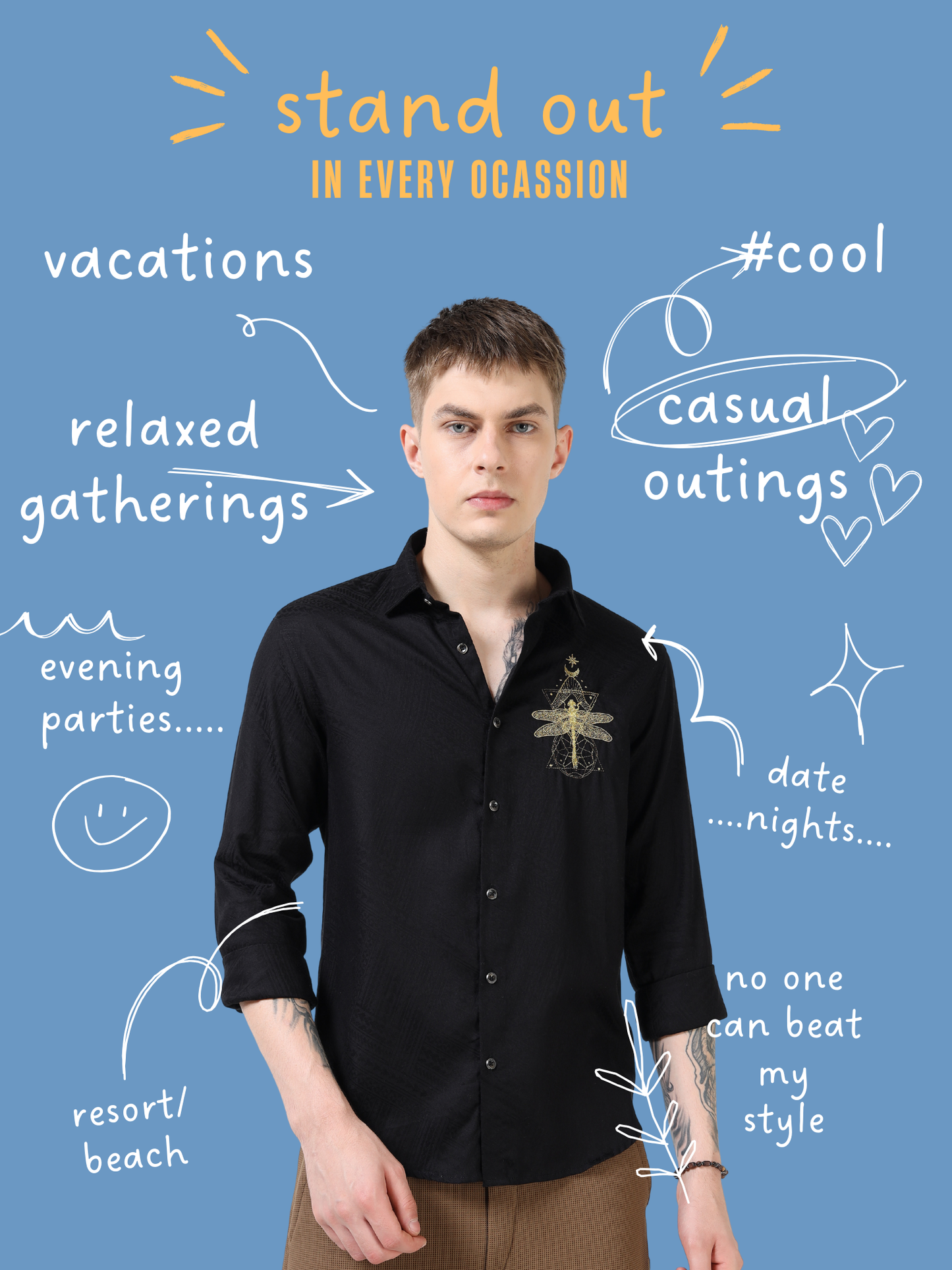 Men’s Black Textured Cotton Casual Shirt with Golden Dragonfly Embroidery