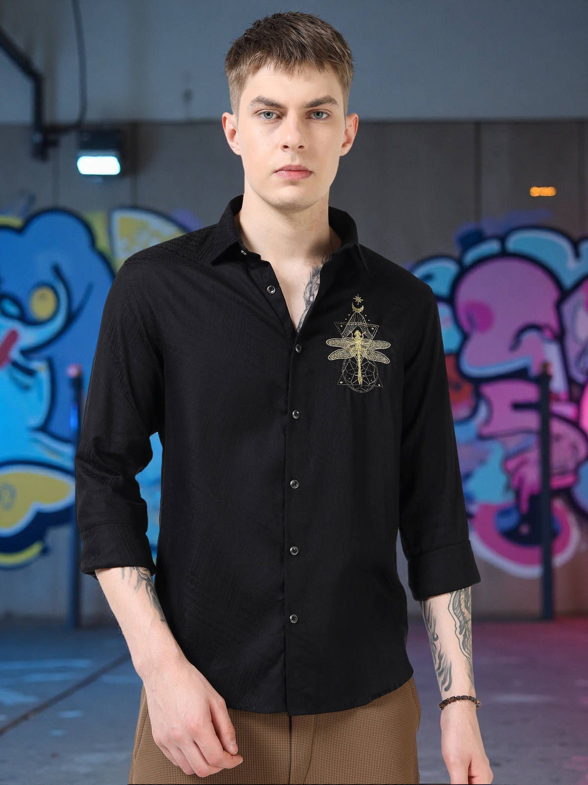 Men’s Black Textured Cotton Casual Shirt with Golden Dragonfly Embroidery