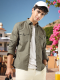 Men’s Olive Green Cotton Utility Casual Shirt with Dual Flap Pockets