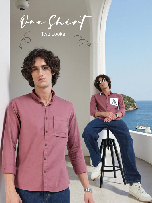 Men’s Dusty Rose Cotton Shirt with Modular Collar and Contrast Pocket
