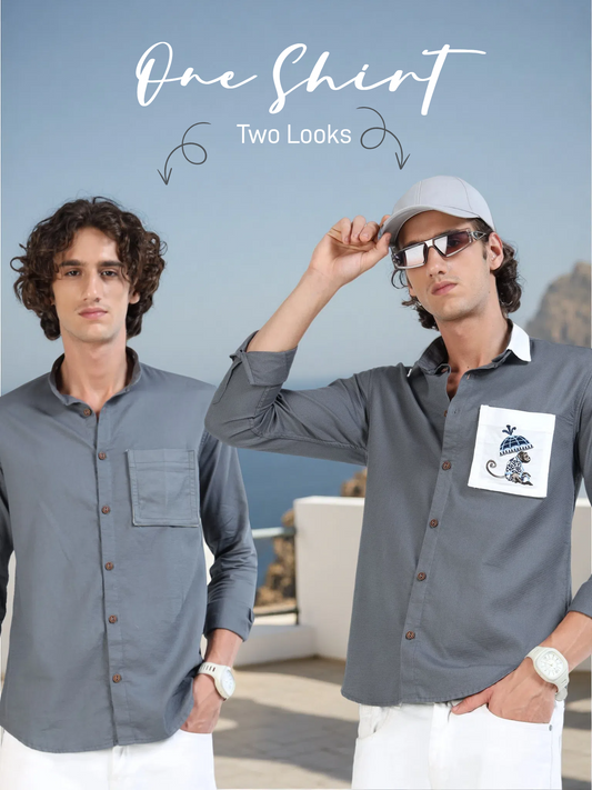 Men’s Charcoal Grey Cotton Shirt with Detachable Pocket and Convertible Collar