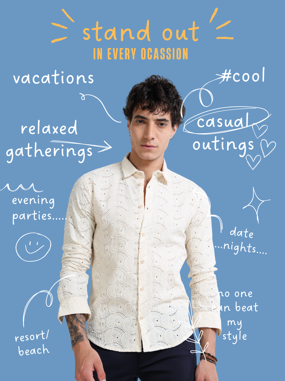 Men’s Cream Cotton Casual Shirt with Paisley Embroidery Detailing