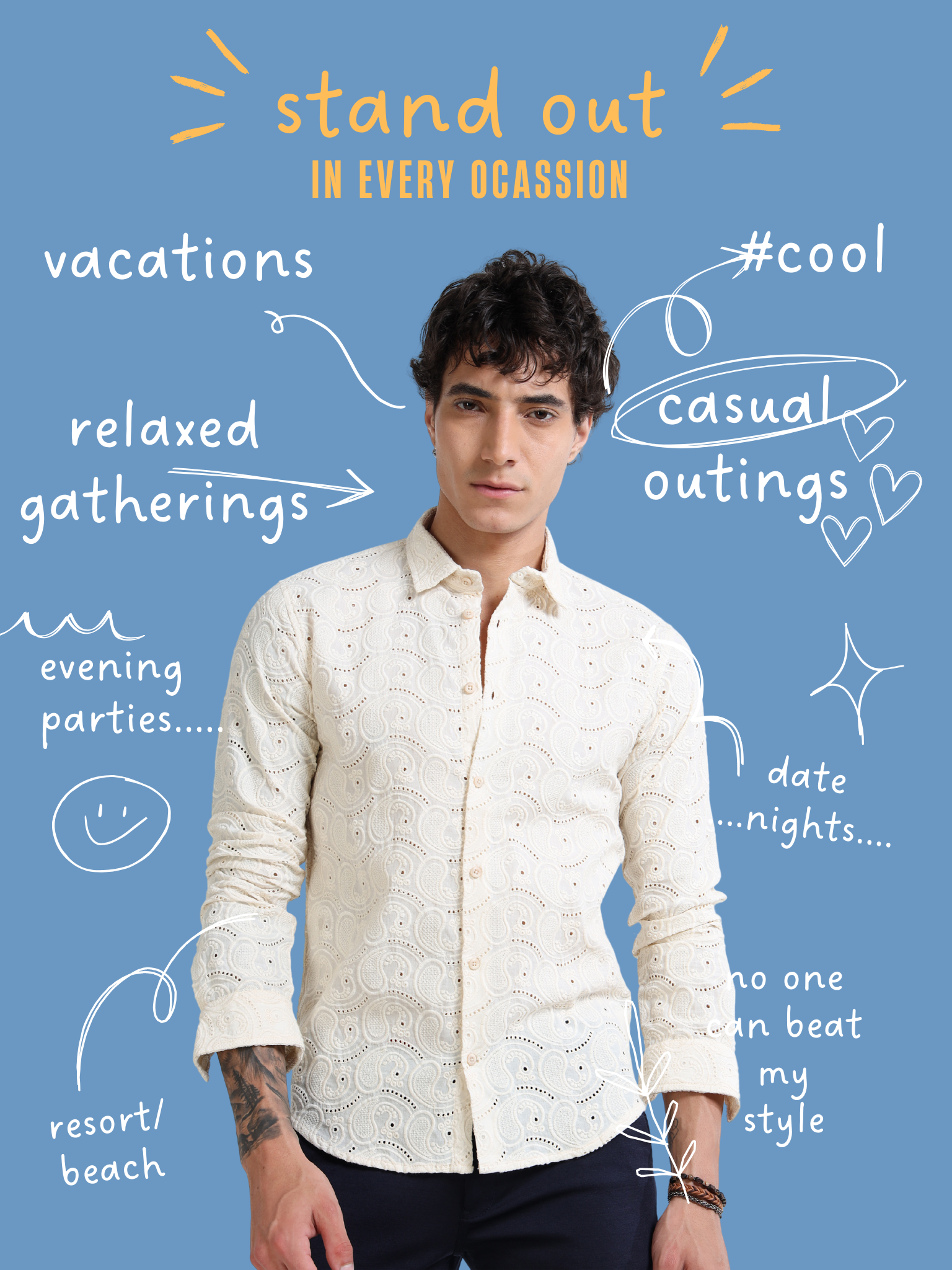 Men’s Cream Cotton Casual Shirt with Paisley Embroidery Detailing