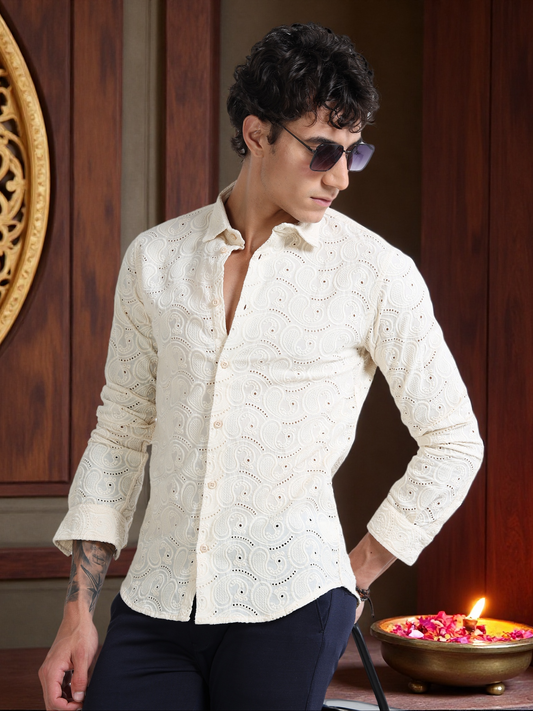 Men’s Cream Cotton Casual Shirt with Paisley Embroidery Detailing