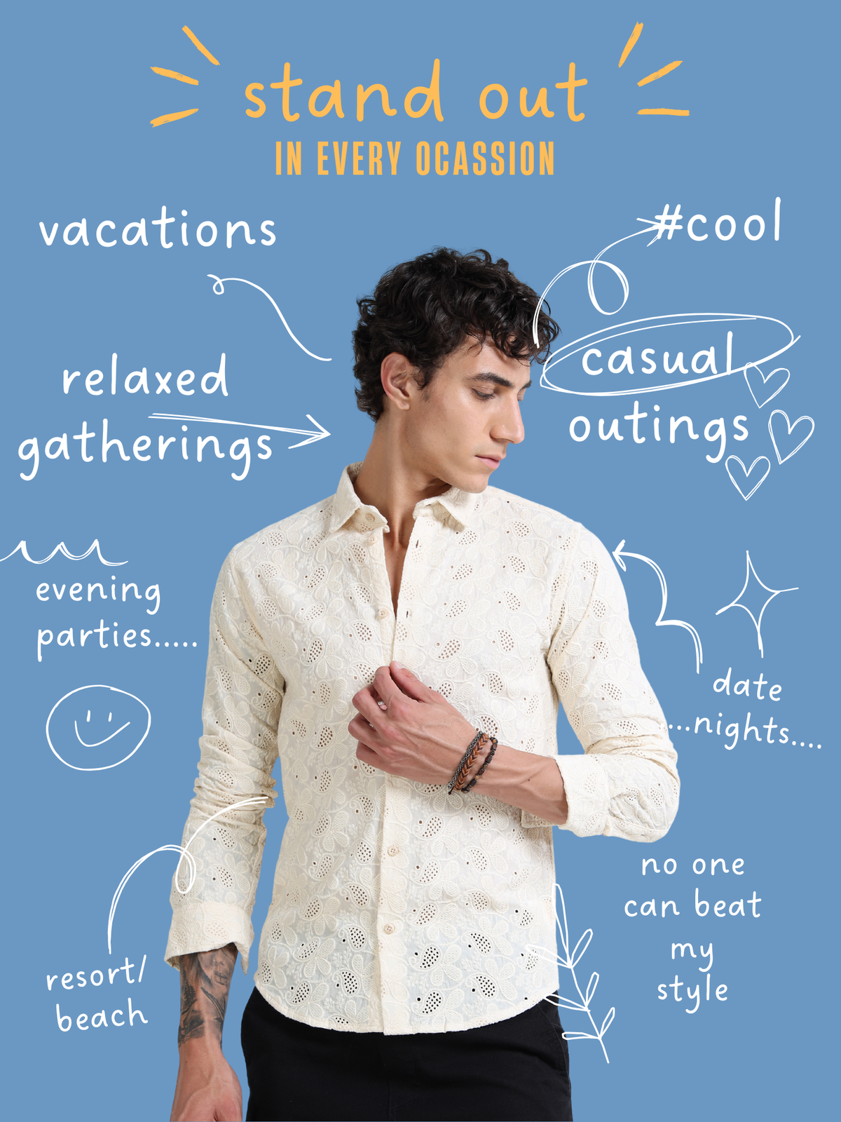 Men’s Cream Cotton Casual Shirt with Floral Embroidery Detailing