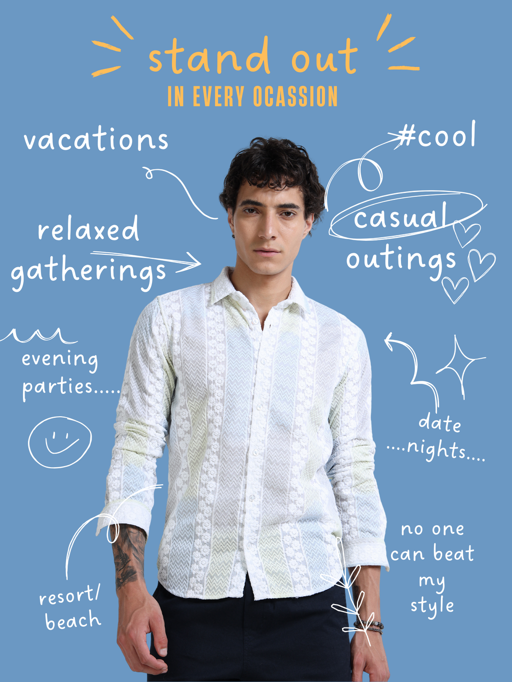Men’s White Textured Cotton Casual Shirt with Multicolor Striped Embroidery