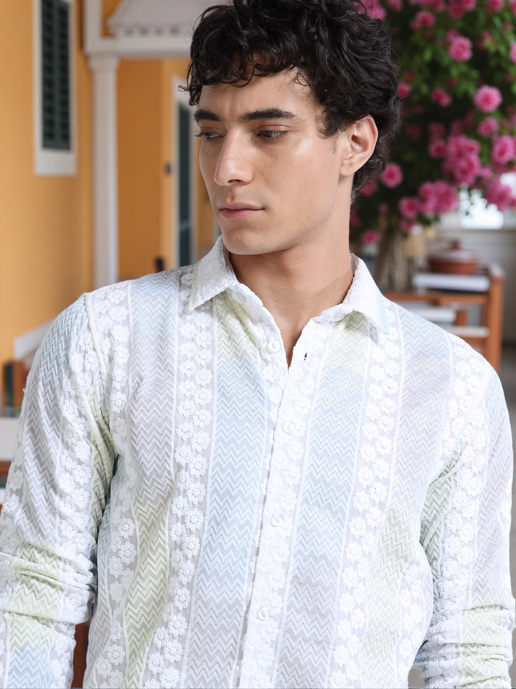 Men’s White Textured Cotton Casual Shirt with Multicolor Striped Embroidery