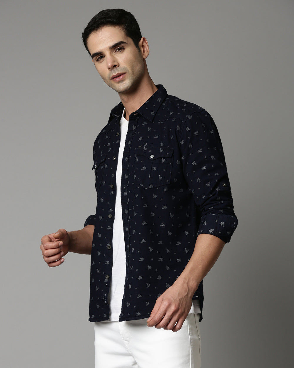 Indigo Double Pocket Denim Printed Shirt