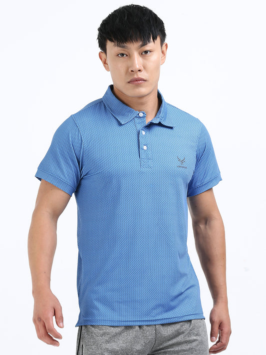 Men’s Azure Blue Patterned Polo T-Shirt – Casual & Smart Fit
