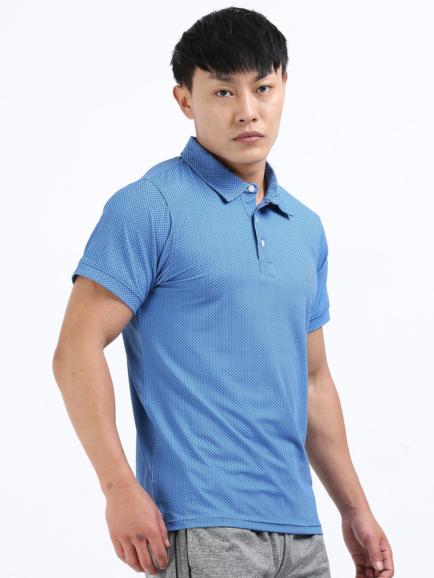 Men’s Azure Blue Patterned Polo T-Shirt – Casual & Smart Fit