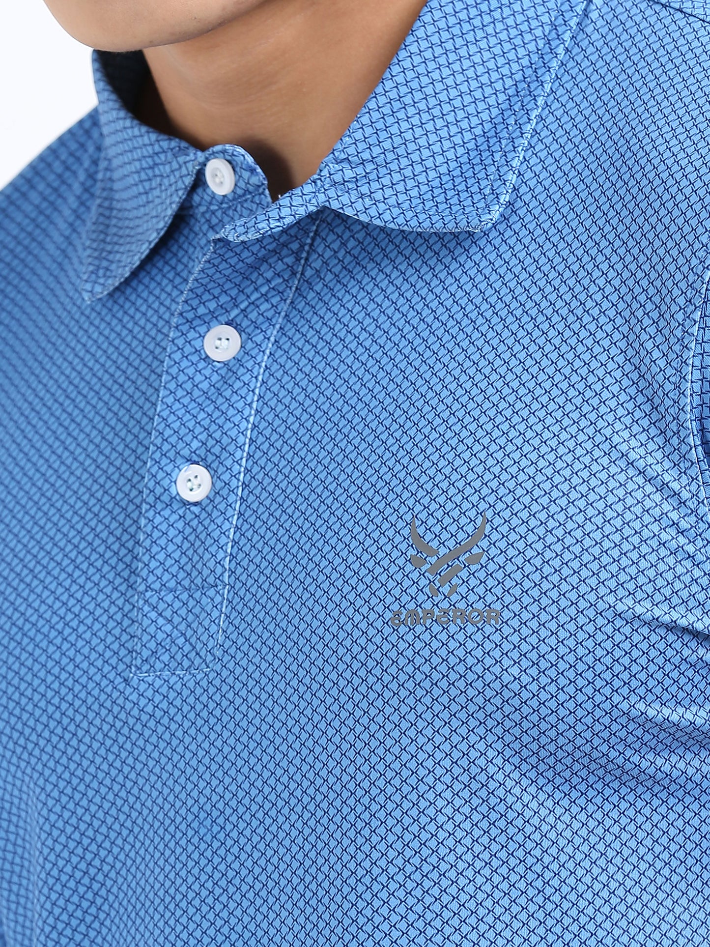 Men’s Azure Blue Patterned Polo T-Shirt – Casual & Smart Fit
