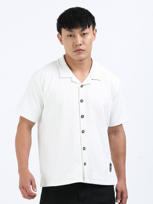 Men’s Waffle White Cuban Collar Casual Shirt – Relaxed Fit