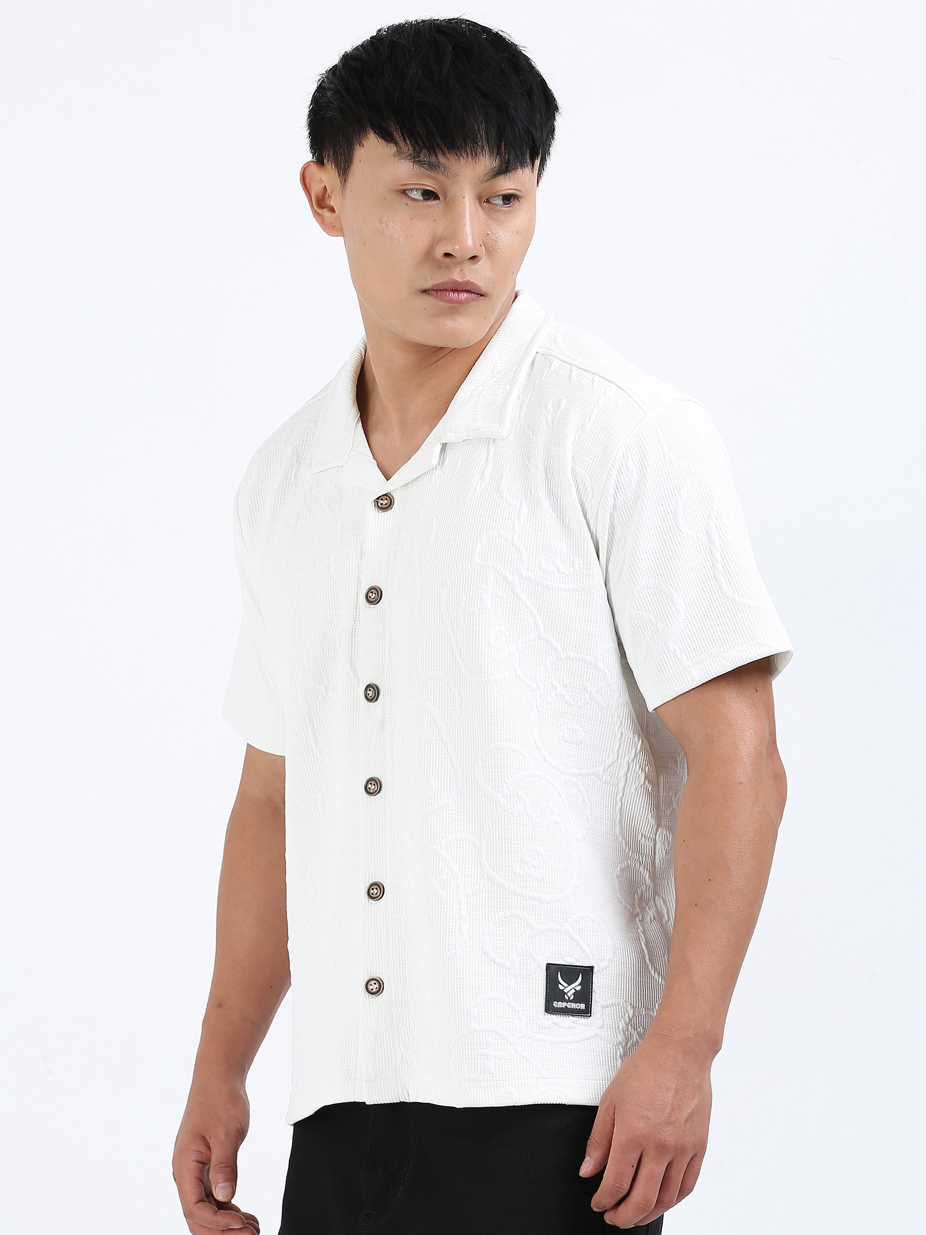 Men’s Waffle White Cuban Collar Casual Shirt – Relaxed Fit