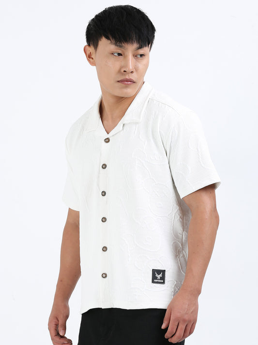 Men’s Waffle White Cuban Collar Casual Shirt – Relaxed Fit