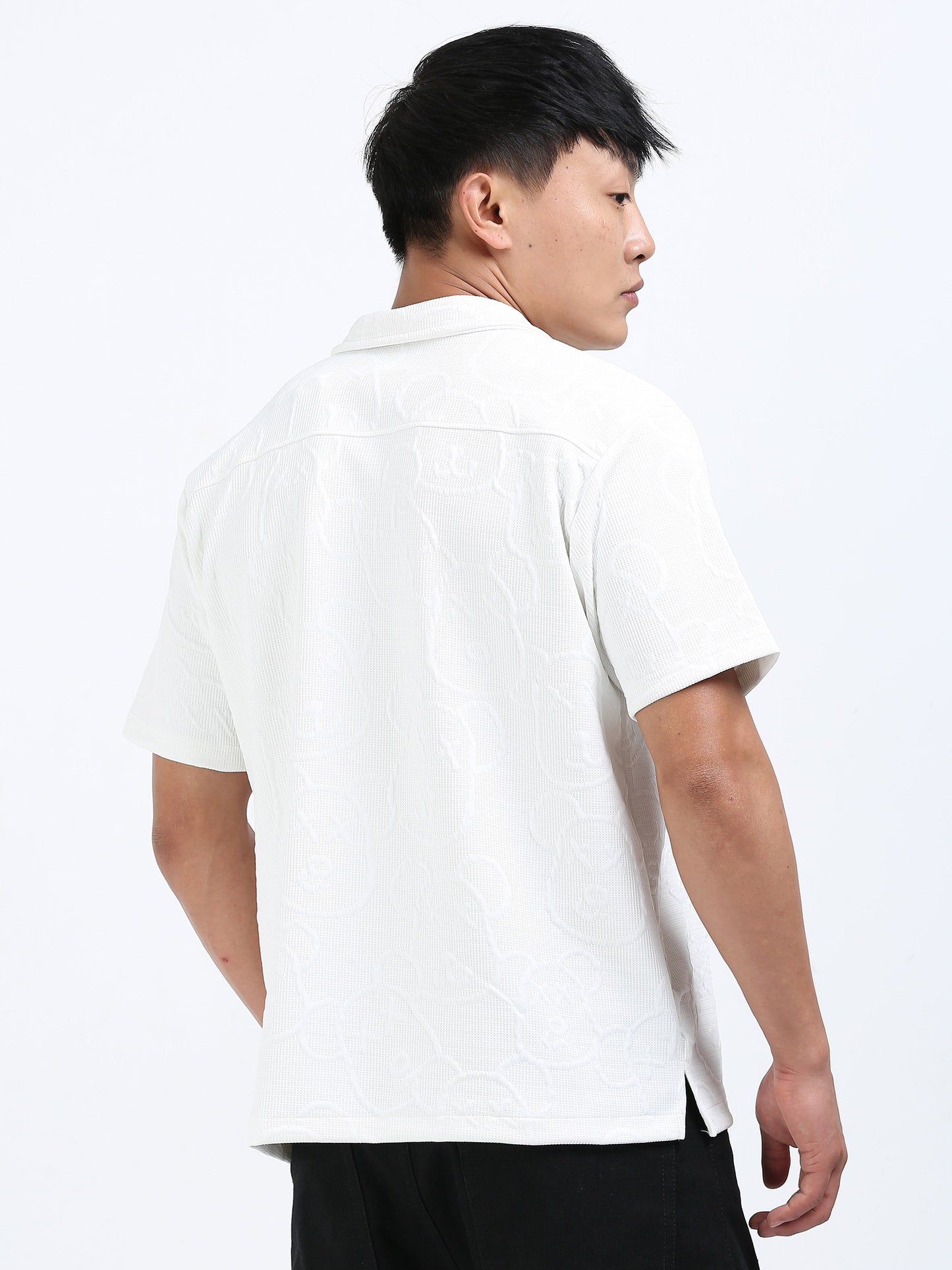 Men’s Waffle White Cuban Collar Casual Shirt – Relaxed Fit