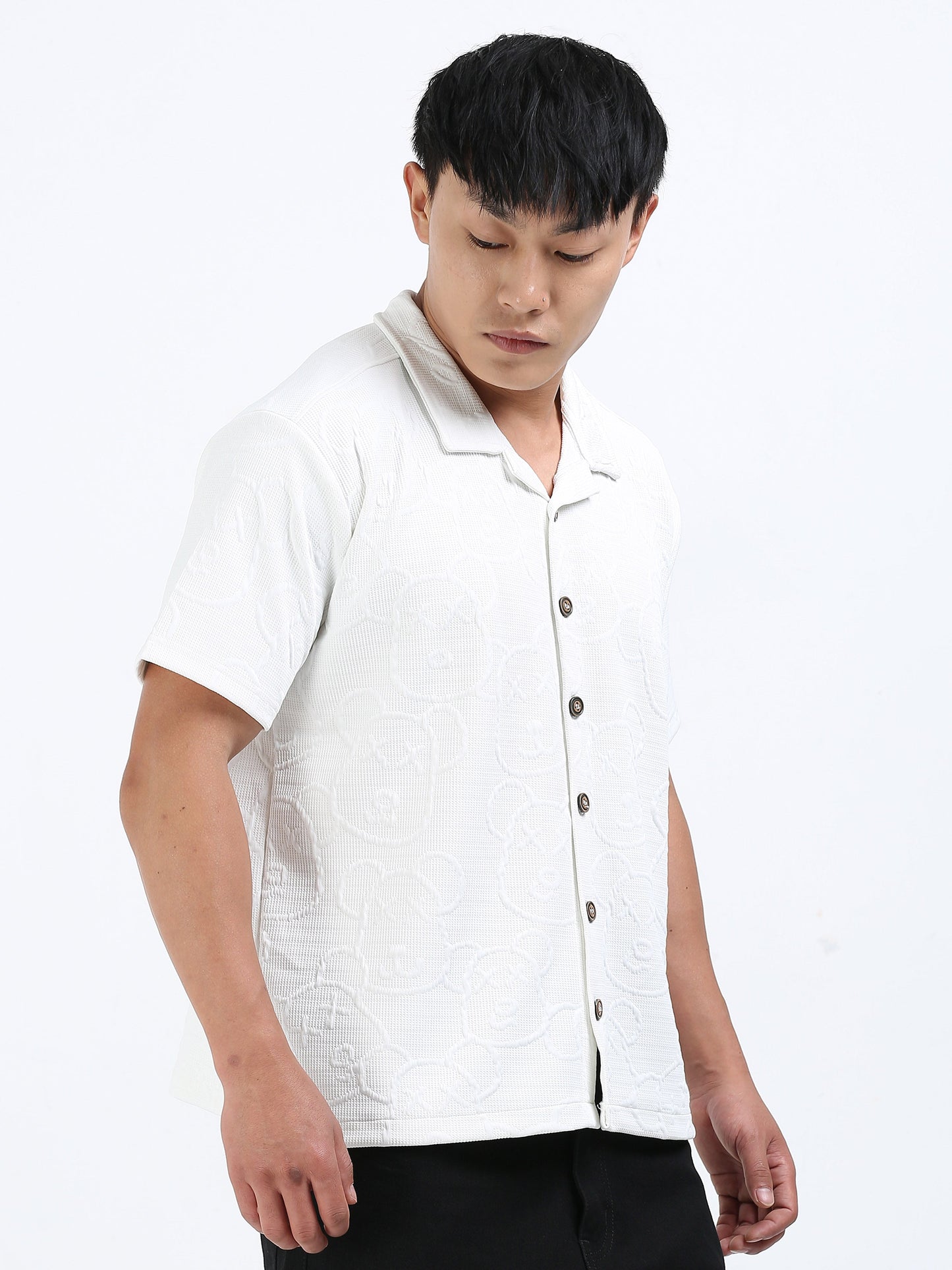 Men’s Waffle White Cuban Collar Casual Shirt – Relaxed Fit