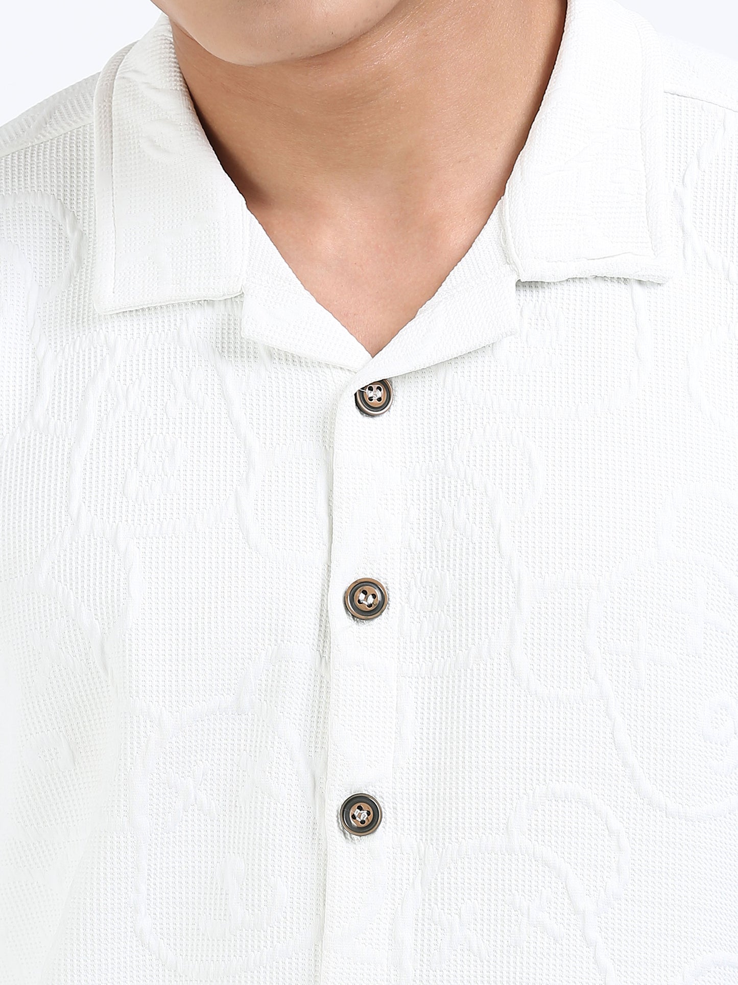 Men’s Waffle White Cuban Collar Casual Shirt – Relaxed Fit
