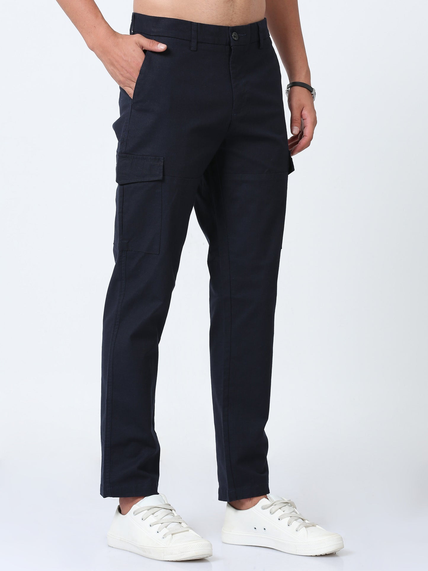 Men Lazy linen Cargo Pants-Navy