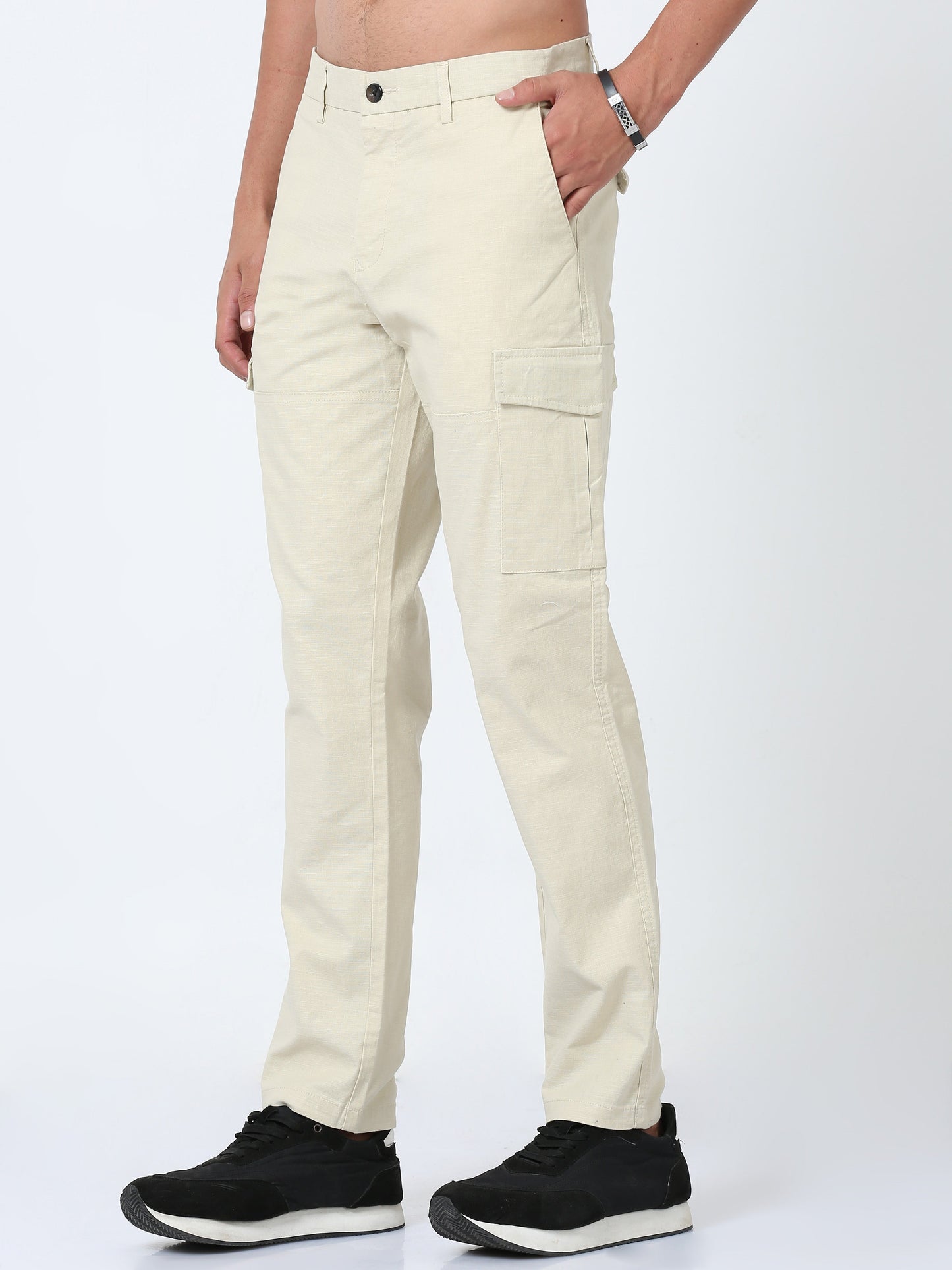 Men Lazy linen Cargo Pants-Cream