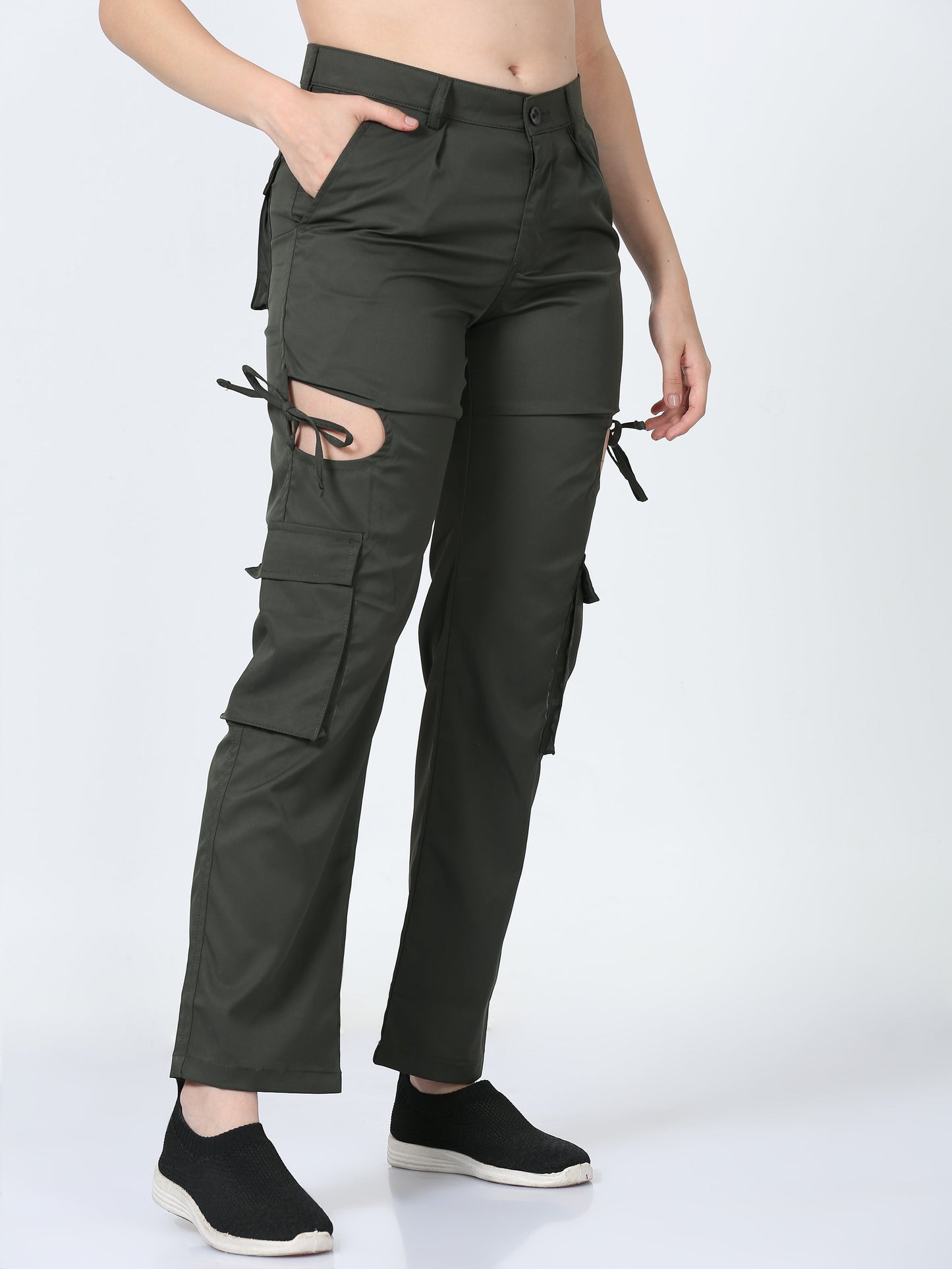 Women Dual Pocket Slashed Trousers-Olive