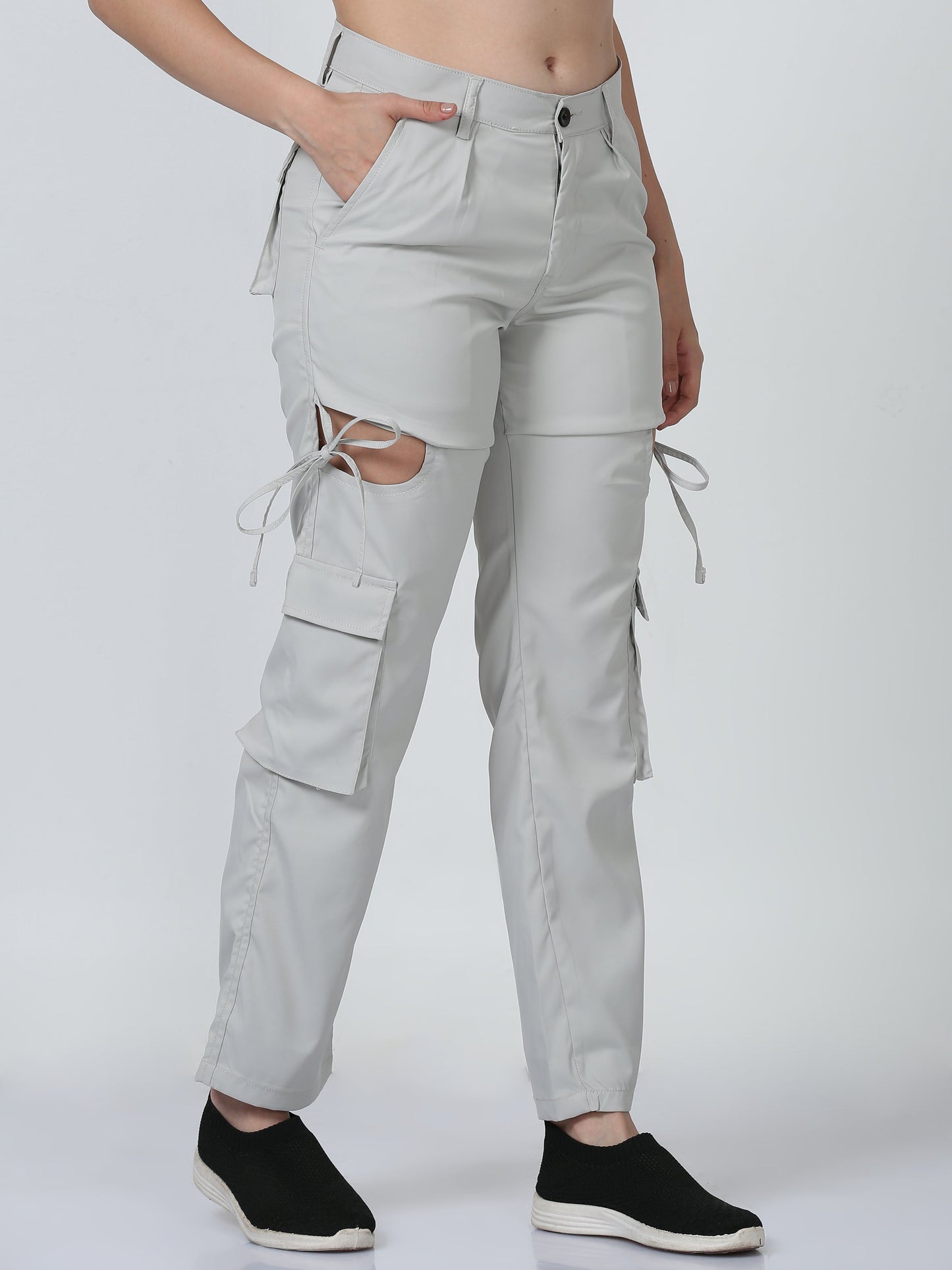 Women Dual Pocket Slashed Trousers-Cream