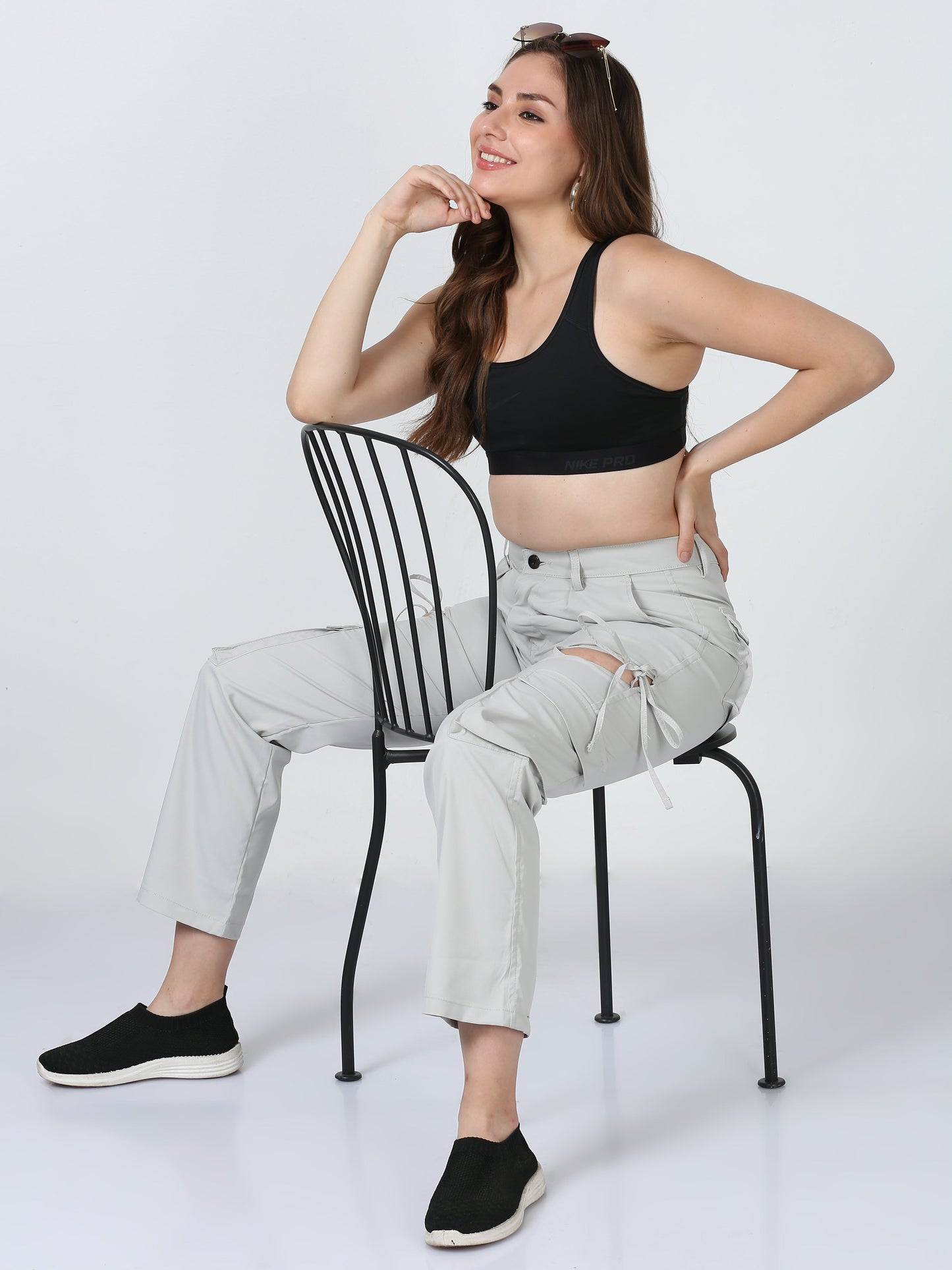 Women Dual Pocket Slashed Trousers-Cream