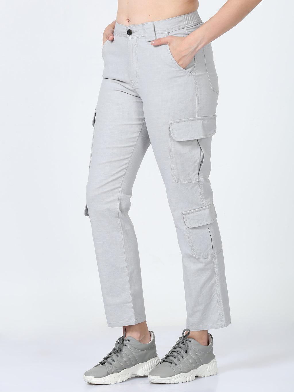 Women Lazy Linen Cargo Trousers-Stone