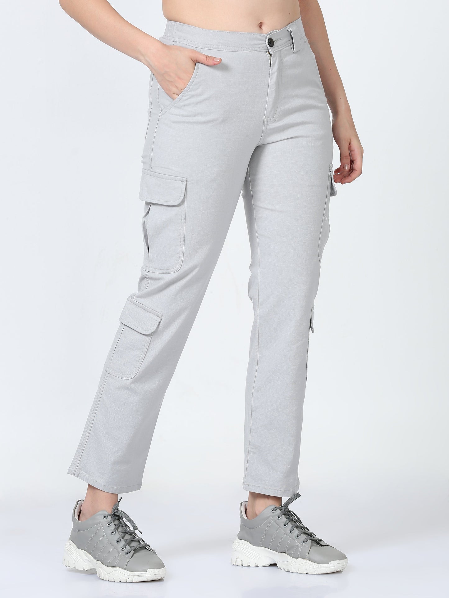 Women Lazy Linen Cargo Trousers-Stone